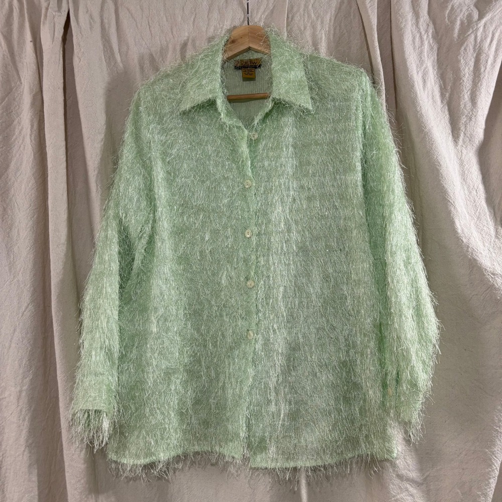 Vintage CDW Mint Green Eyelash Fuzzy Button Down Shirt‎ 90s Y2K Medium